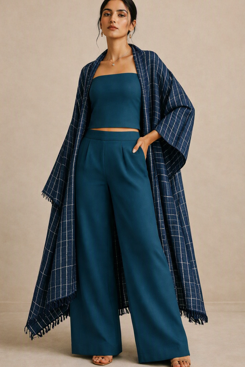 dark teal two-piece set with matching wide-leg trousers and a square-neck crop top