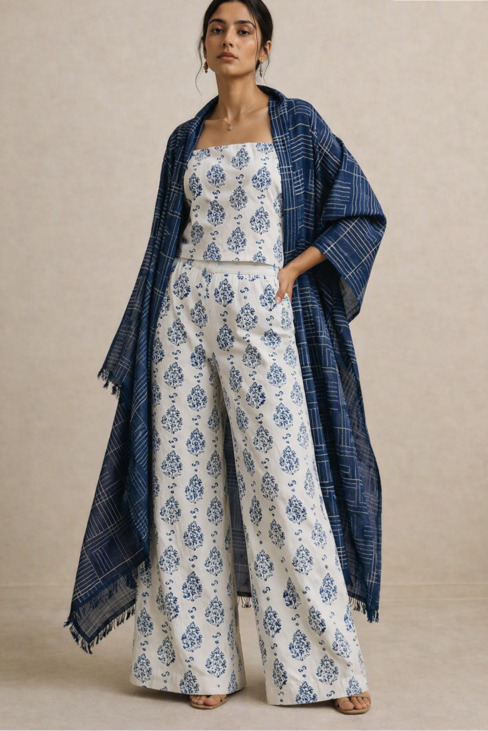 white jumpsuit with a blue floral block print, styled with a matching blue plaid shawl