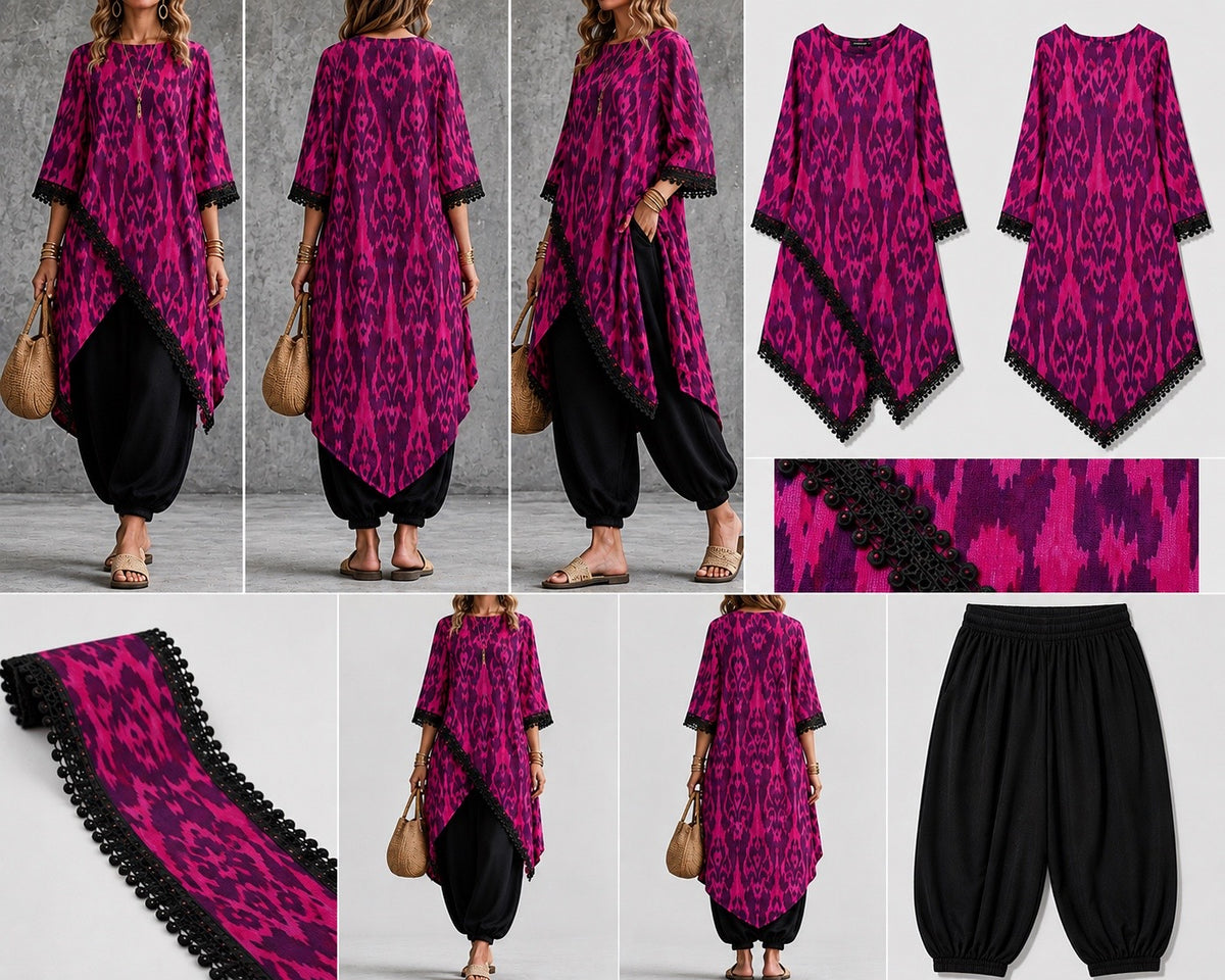 Ikat Asymmetric Tunic & Black Harem Trouser Set
