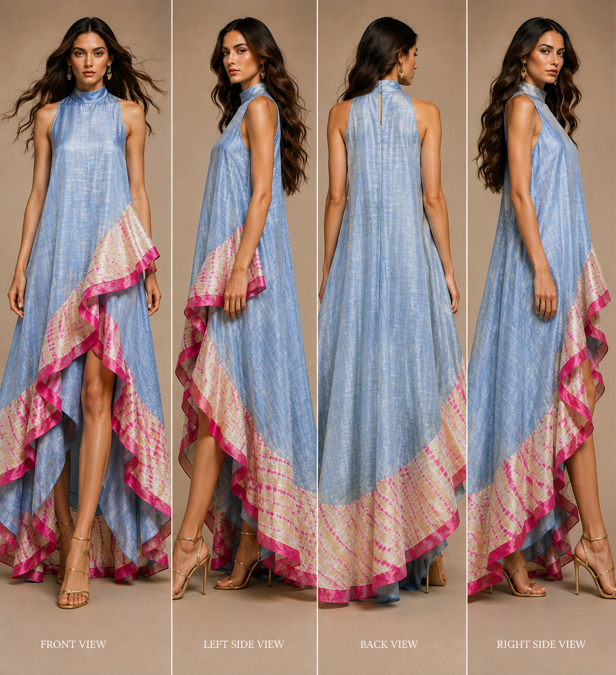 A four-panel studio fashion collage showing a woman modeling a sleeveless high-low dress from the front, left side, back, and right side. The dress is light blue with a pink and beige patterned hem and layered ruffle edges.