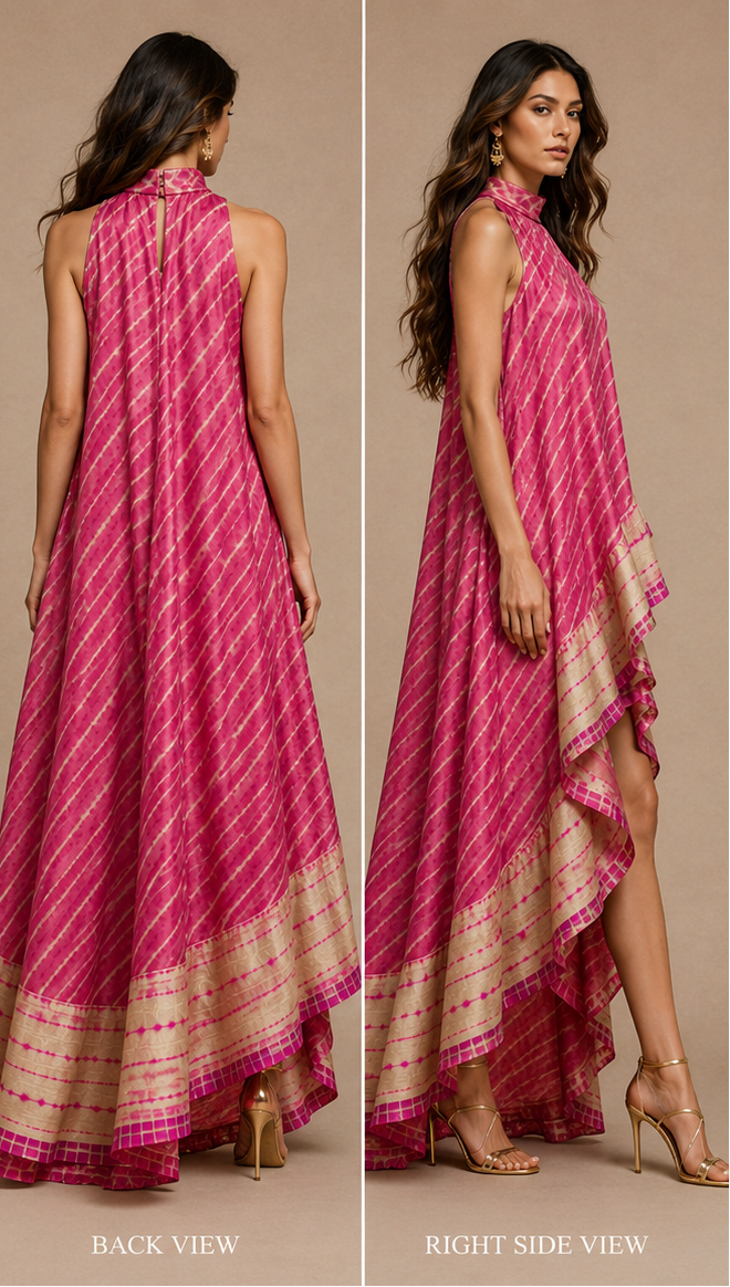 bright pink with beige and white striped patterns and a beige border, set against a solid beige background.