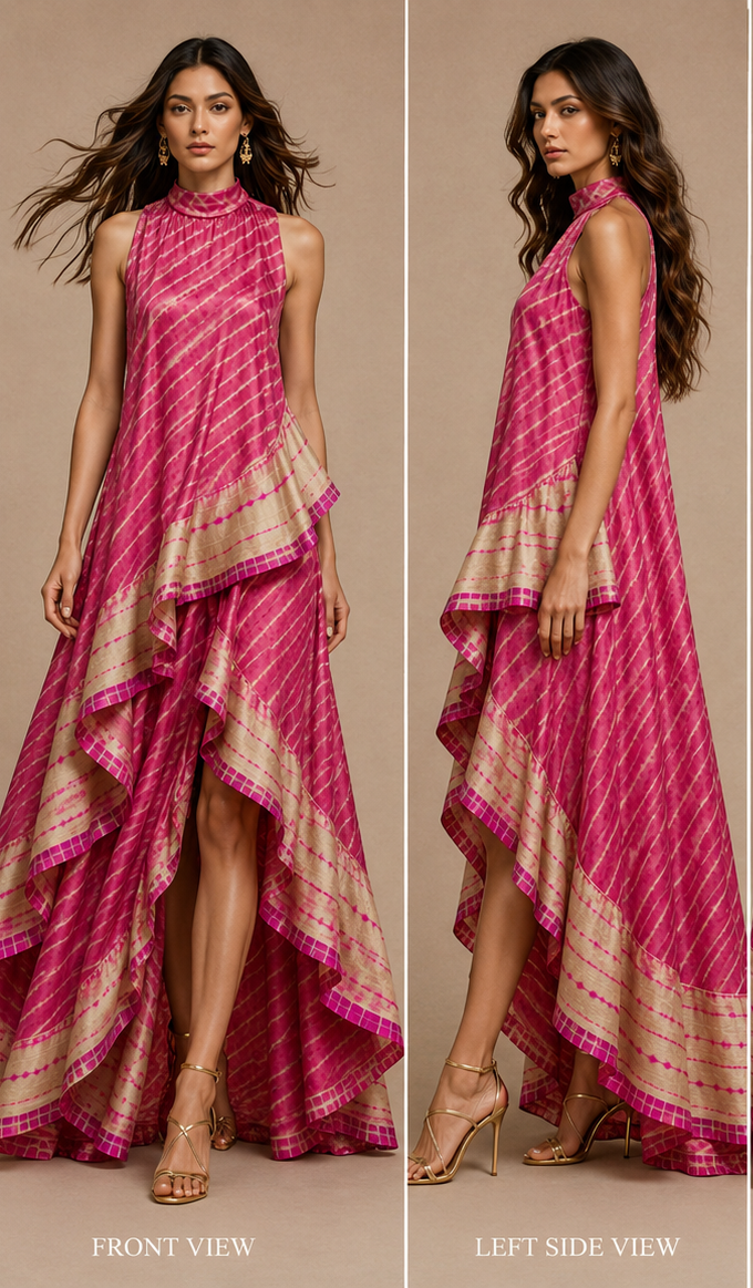 dress is bright pink with beige and white striped patterns and a beige border, set against a solid beige background.