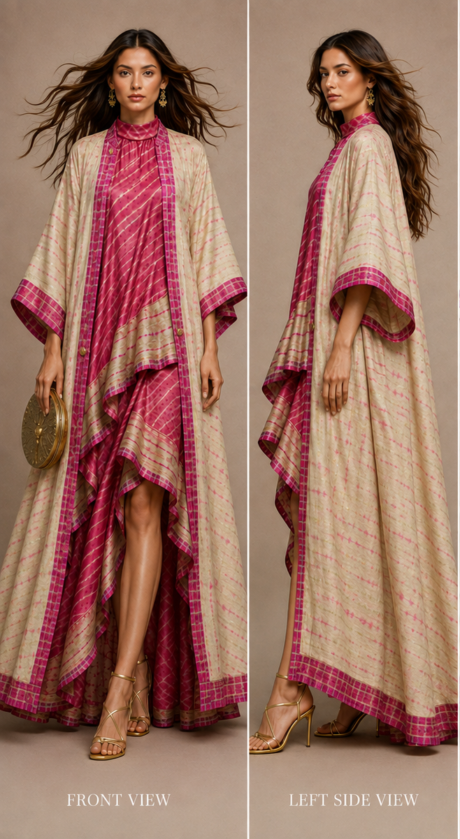 long, flowing kaftan-style dress with two views: a front view on the left and a side view on the right