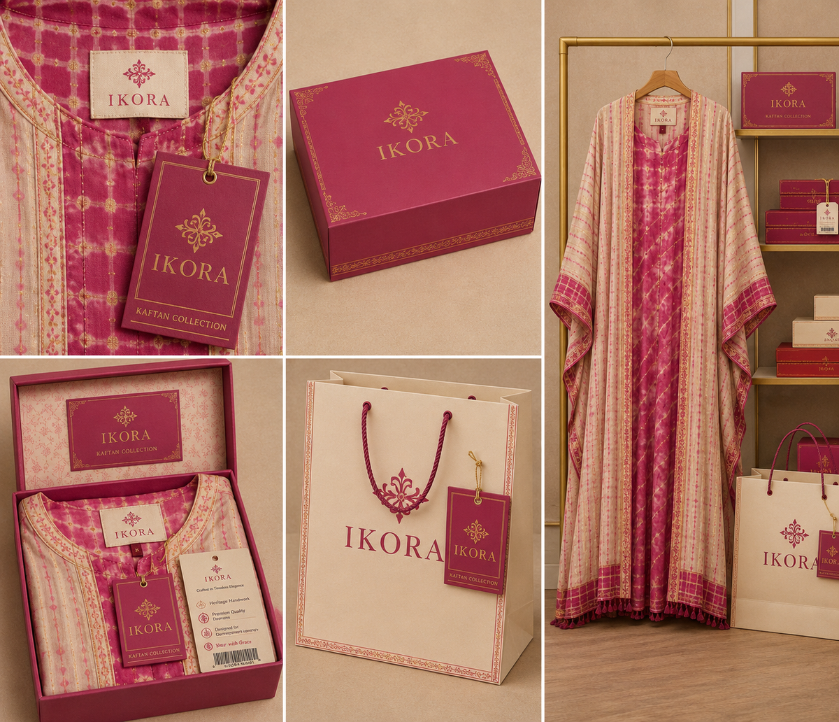 pink patterned kurta with branded hangtag, a magenta IKORA box, a cream
