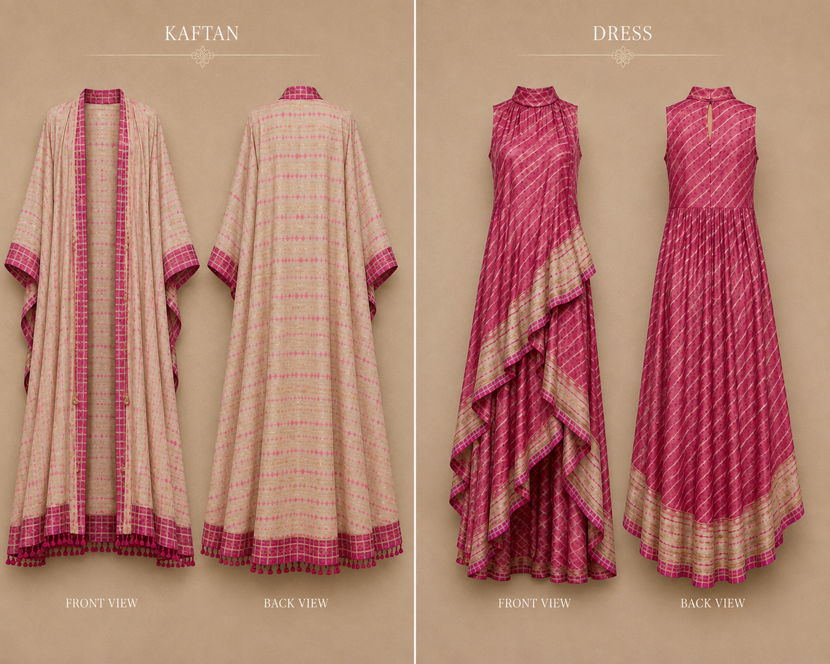 kaftan and dress set in pink and beige.