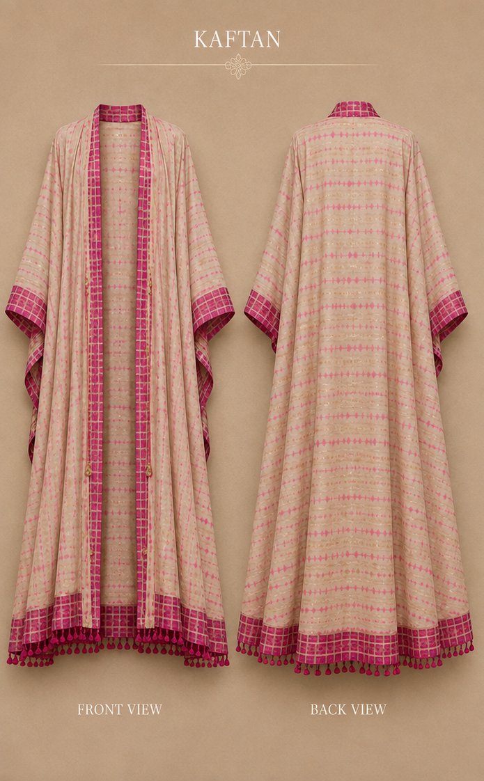 A beige kaftan robe shown in front and back views against a warm beige background. The garment has a textured woven pattern with pink and magenta plaid trim along the edges, collar, and hem, and small hanging tassels at the bottom.