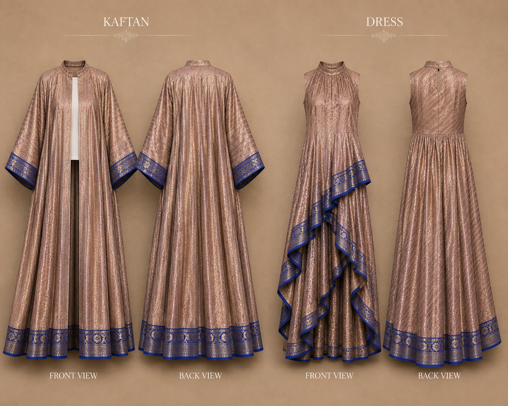 set of traditional garments shown on a beige background with front and back views labeled Kaftan and Dress.