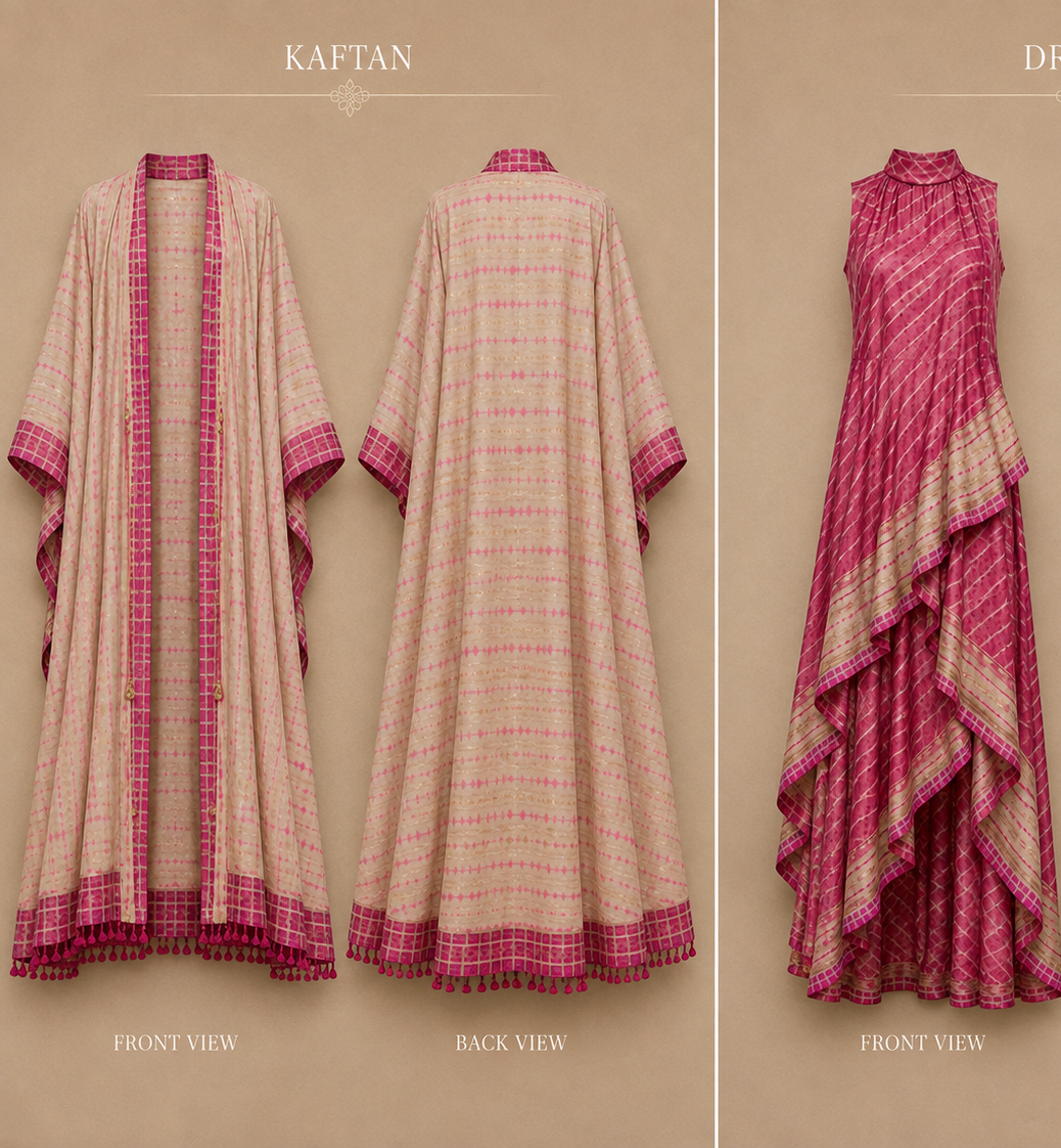 A two-panel catalog display showing a beige and magenta kaftan and matching sleeveless dress, each shown from front and back views against a solid beige background.