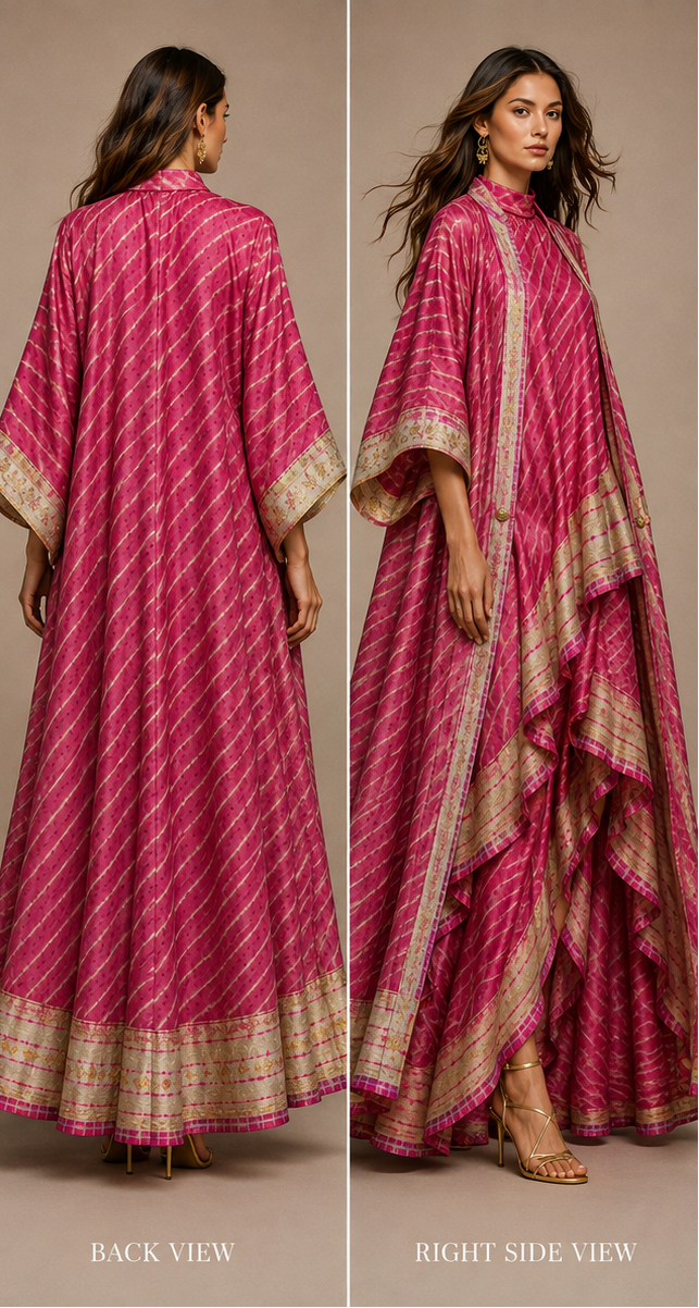 long draped garment from the front, left side, back, and right side