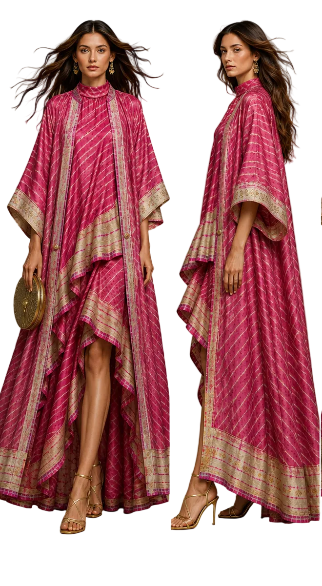 front and side in a vibrant magenta pink and gold striped high-low kaftan dress,