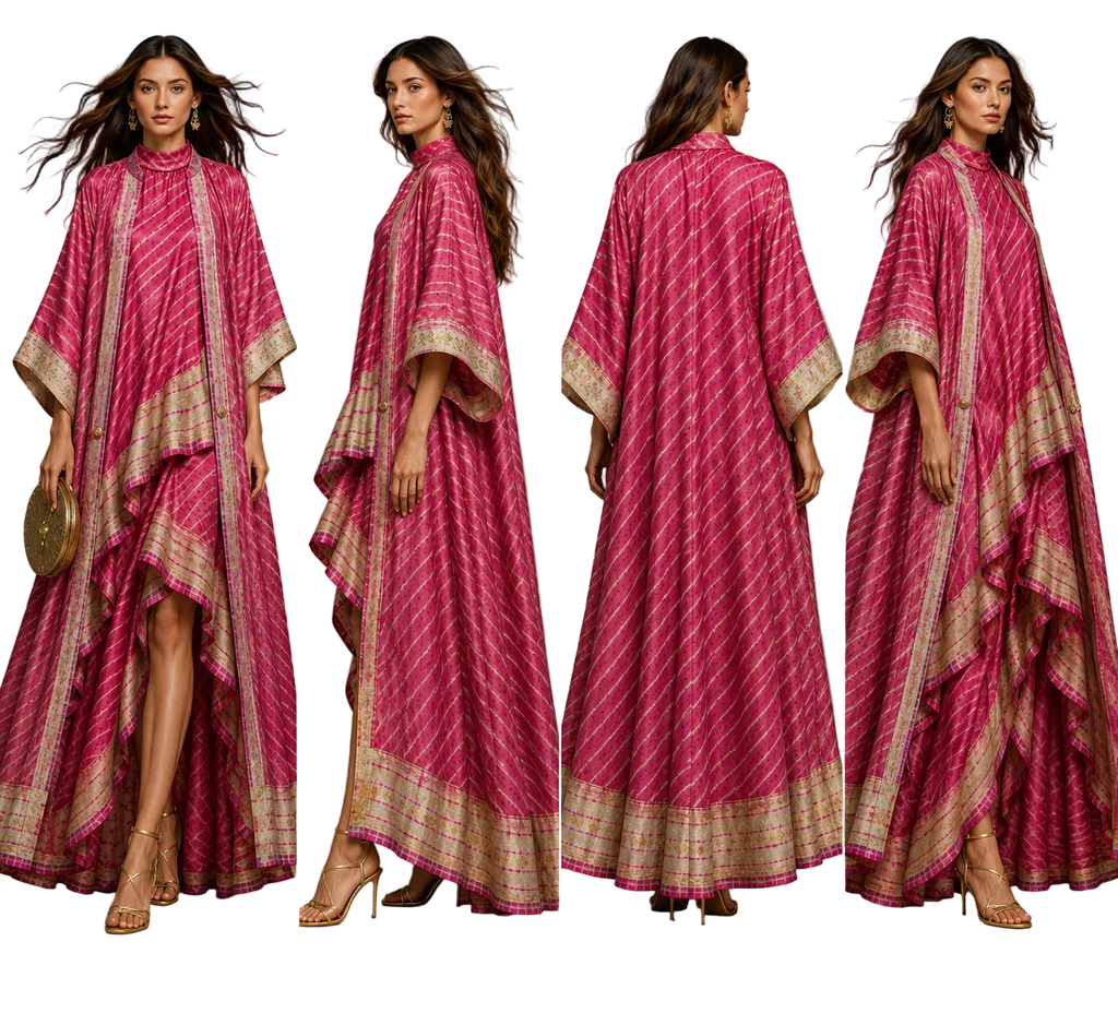 long draped garment from the front, left side, back, and right side