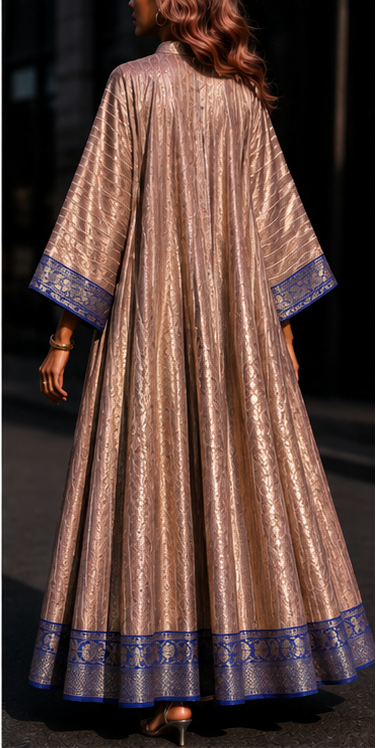 long, flowing metallic taupe-brown kaftan-style cloak with blue patterned trim, back