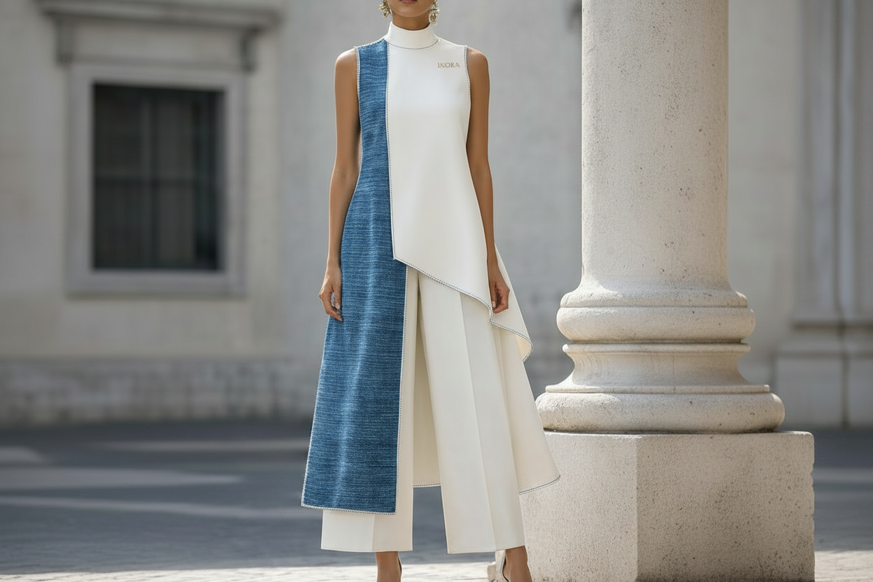 Indigo & White Panel Vest Set