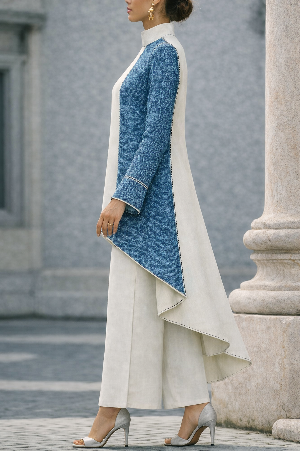 Indigo & White Panel Vest Set