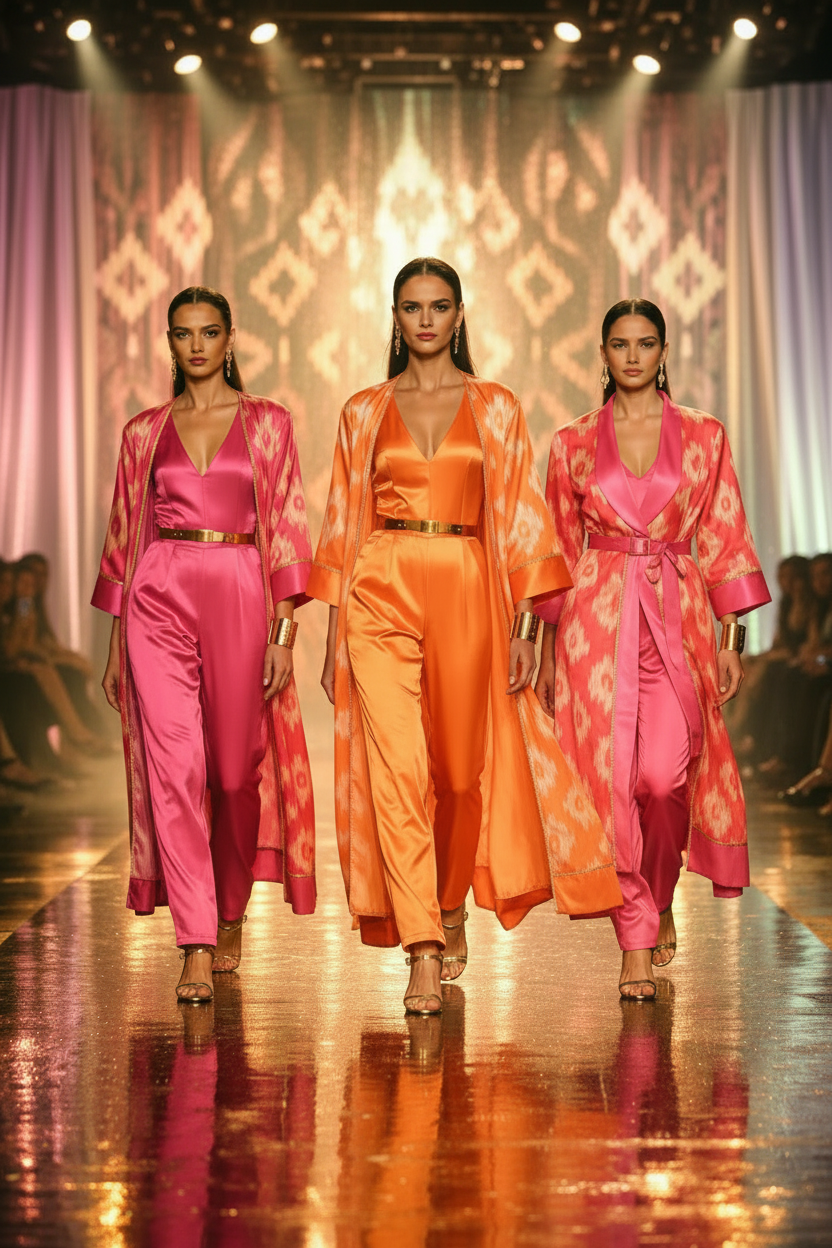 Three models walk down a runway wearing matching satin jumpsuits and robes in vibrant shades of orange and pink, set against a warm, patterned backdrop with stage lighting.