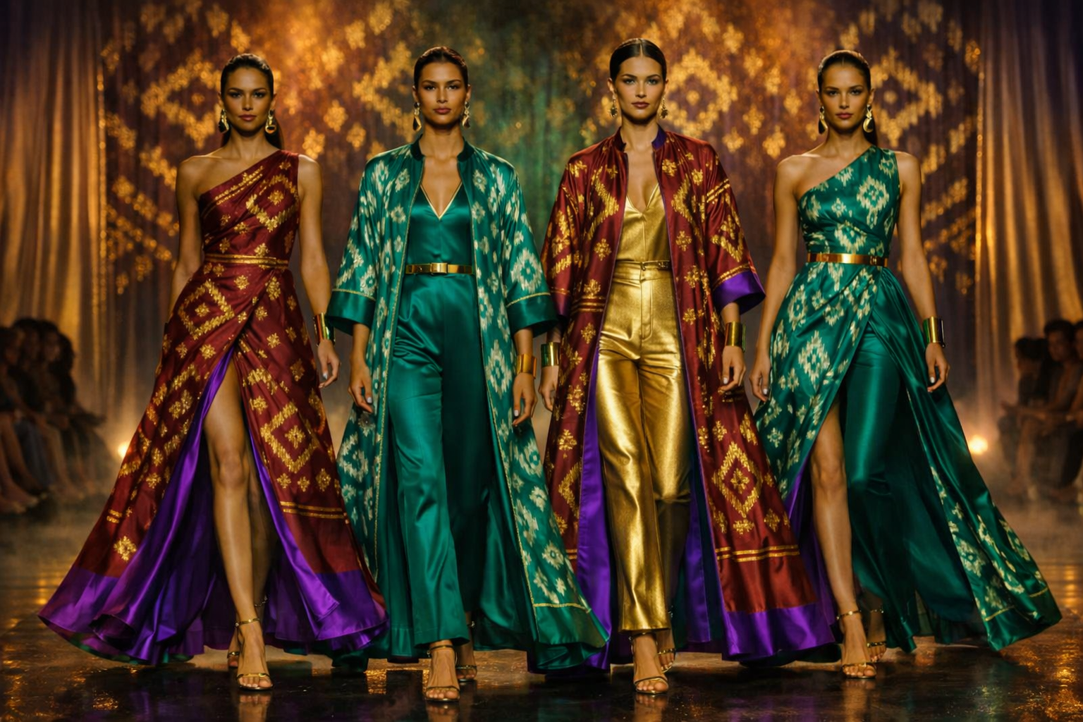 Four models walk the runway wearing matching traditional-inspired fashion looks with rich jewel tones and metallic patterns. The outfits include deep teal, emerald green, gold, purple, and burgundy with intricate geometric motifs, set against a warm patterned backdrop.