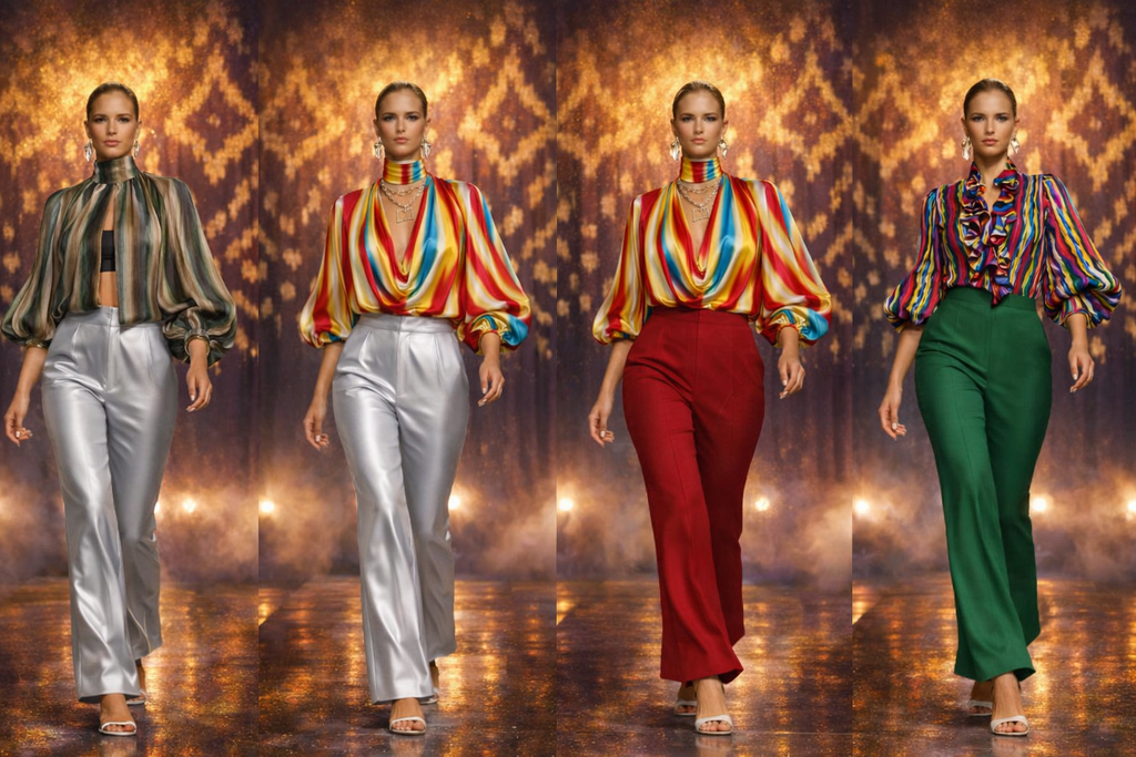 Four models walk down a runway wearing colorful striped satin-like blouse and wide-leg trousers in different colorways: black and gold, red, yellow, blue, and multicolor with green. The background is a warm golden patterned stage backdrop.