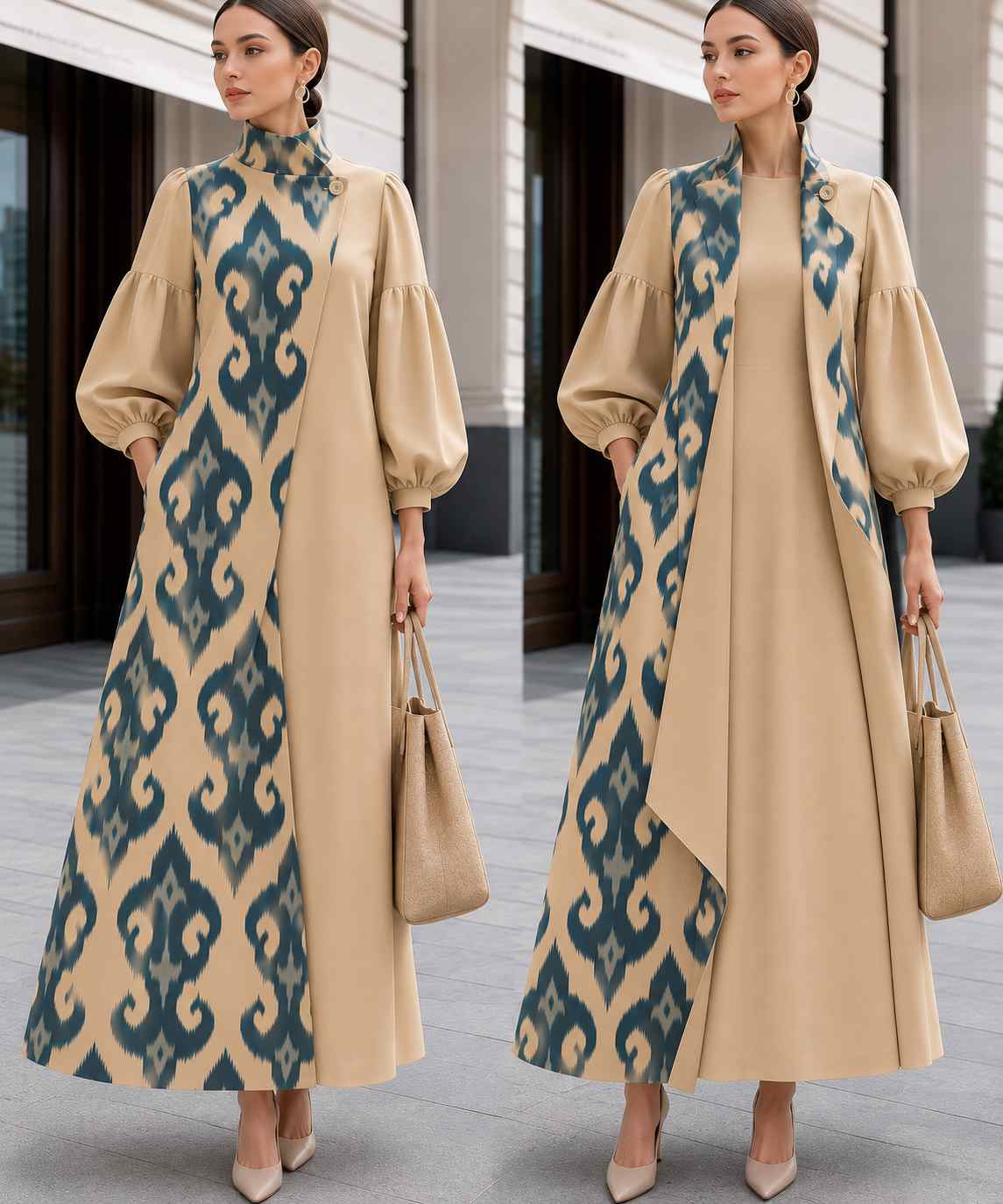 Beige Couture Dress with Blue Ikat Panel