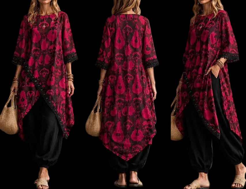 loose, asymmetrical tunic top with a bold red and black paisley pattern, paired with black harem pants and sandals