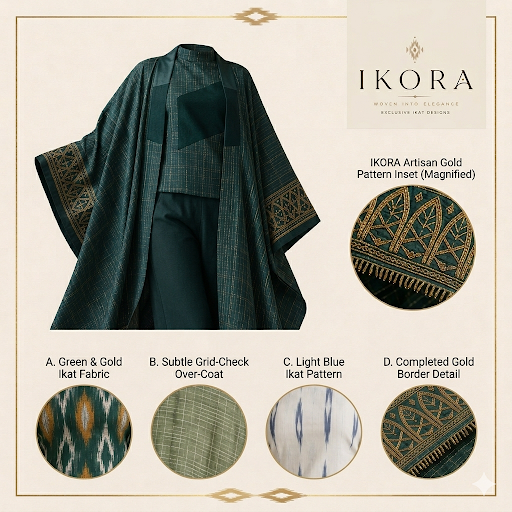 A styled product presentation of an IKORA green and gold ikat patterned