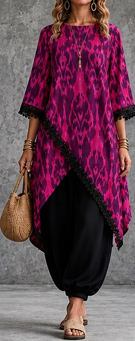 Ikat Asymmetric Tunic & Black Harem Trouser Set