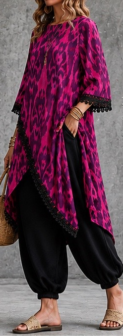 Ikat Asymmetric Tunic & Black Harem Trouser Set