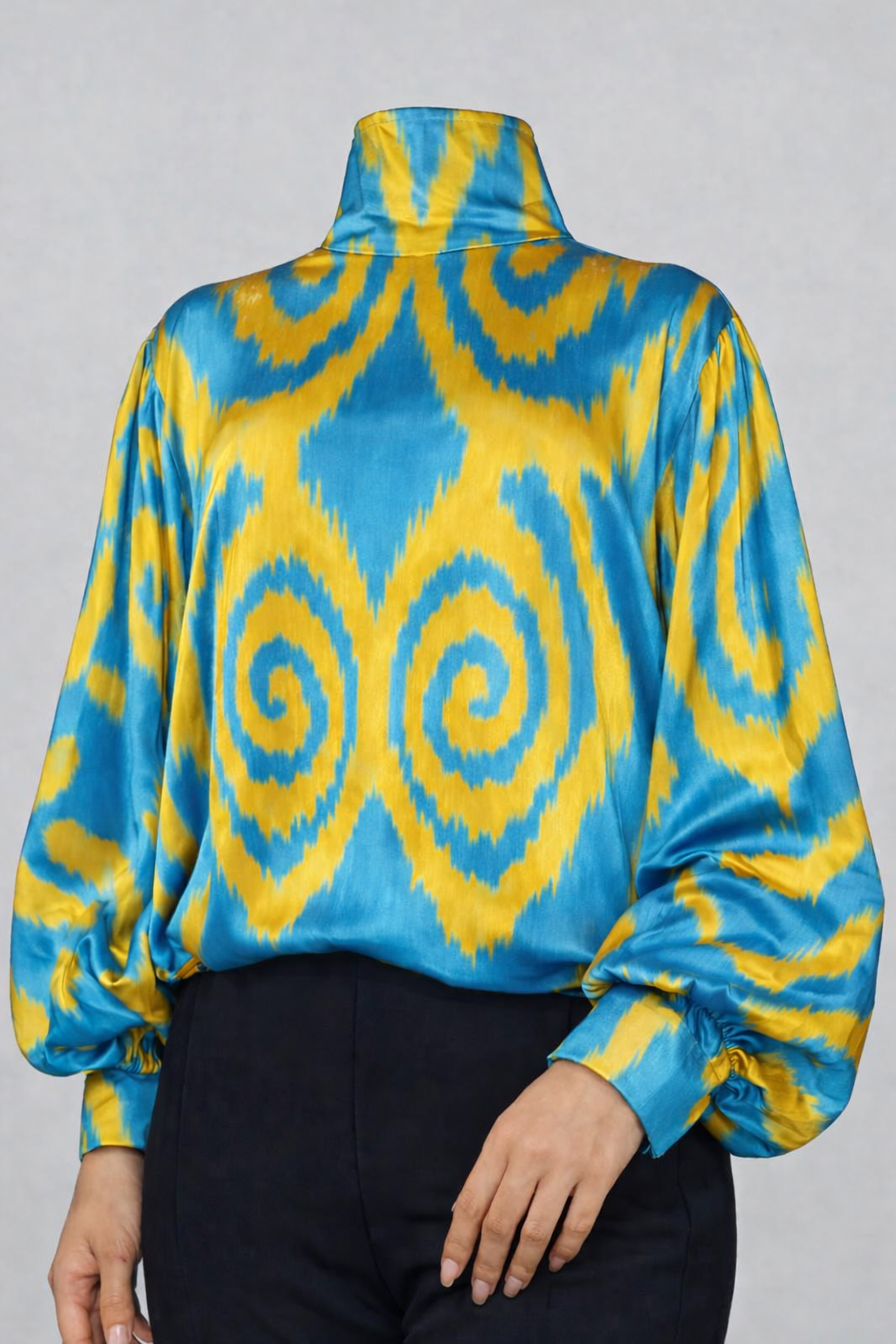 Azure Spiral High‑Neck Ikat Blouse — image 1