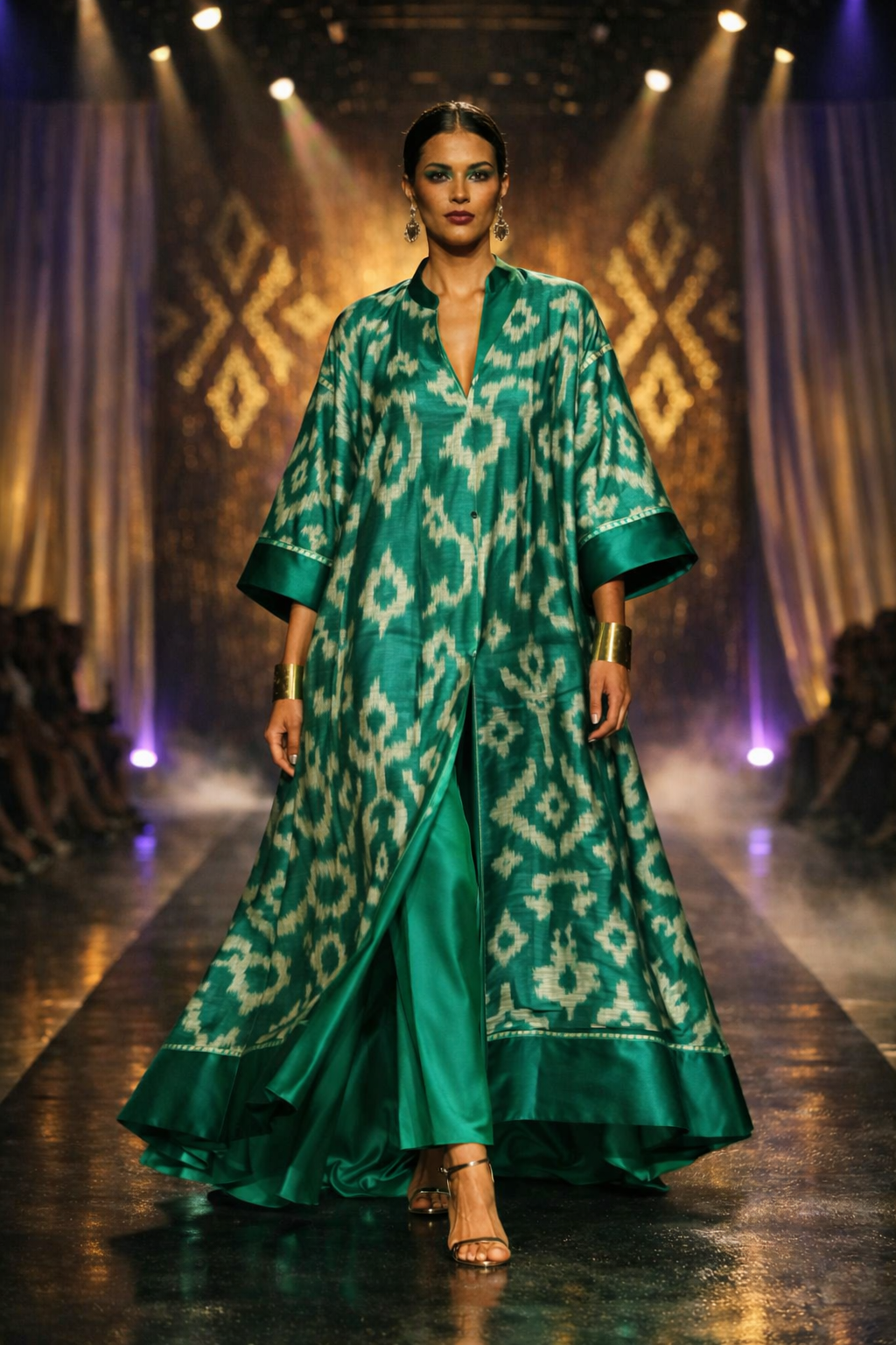 A model walks a fashion runway wearing a long, flowing green satin gown with a cream ikat pattern and wide sleeves, set against a dark stage with spotlights and draped curtains.