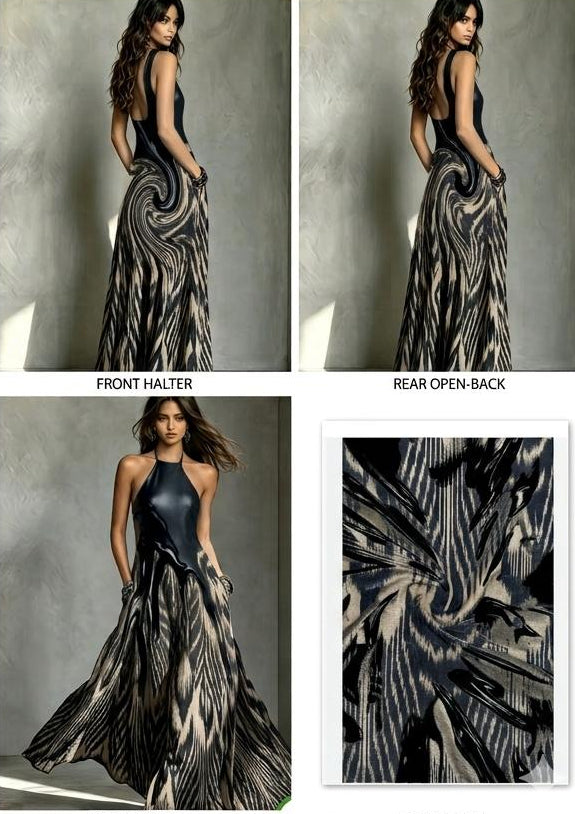Onyx Mixed Media Halter Gown