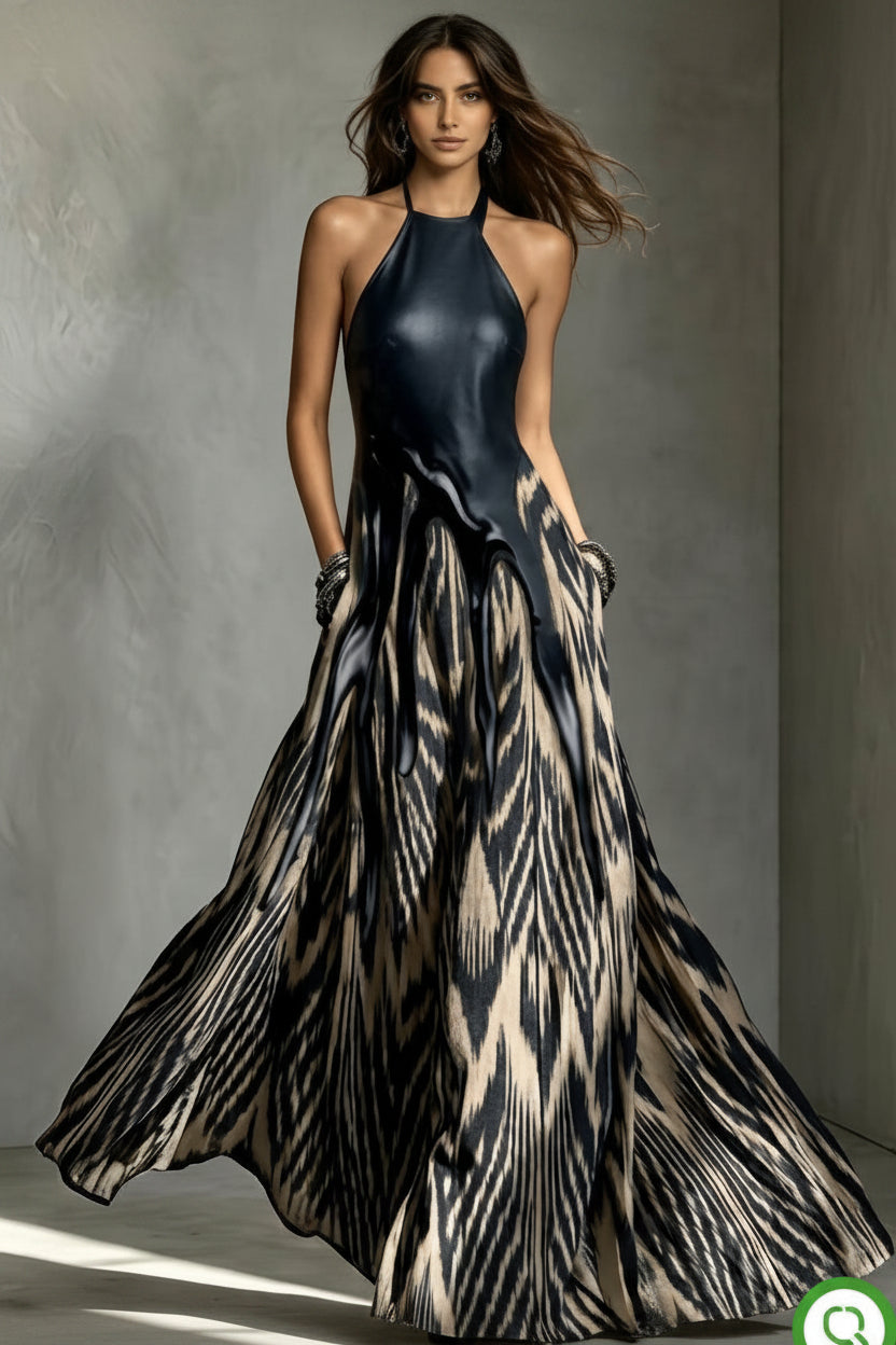 Onyx Mixed Media Halter Gown