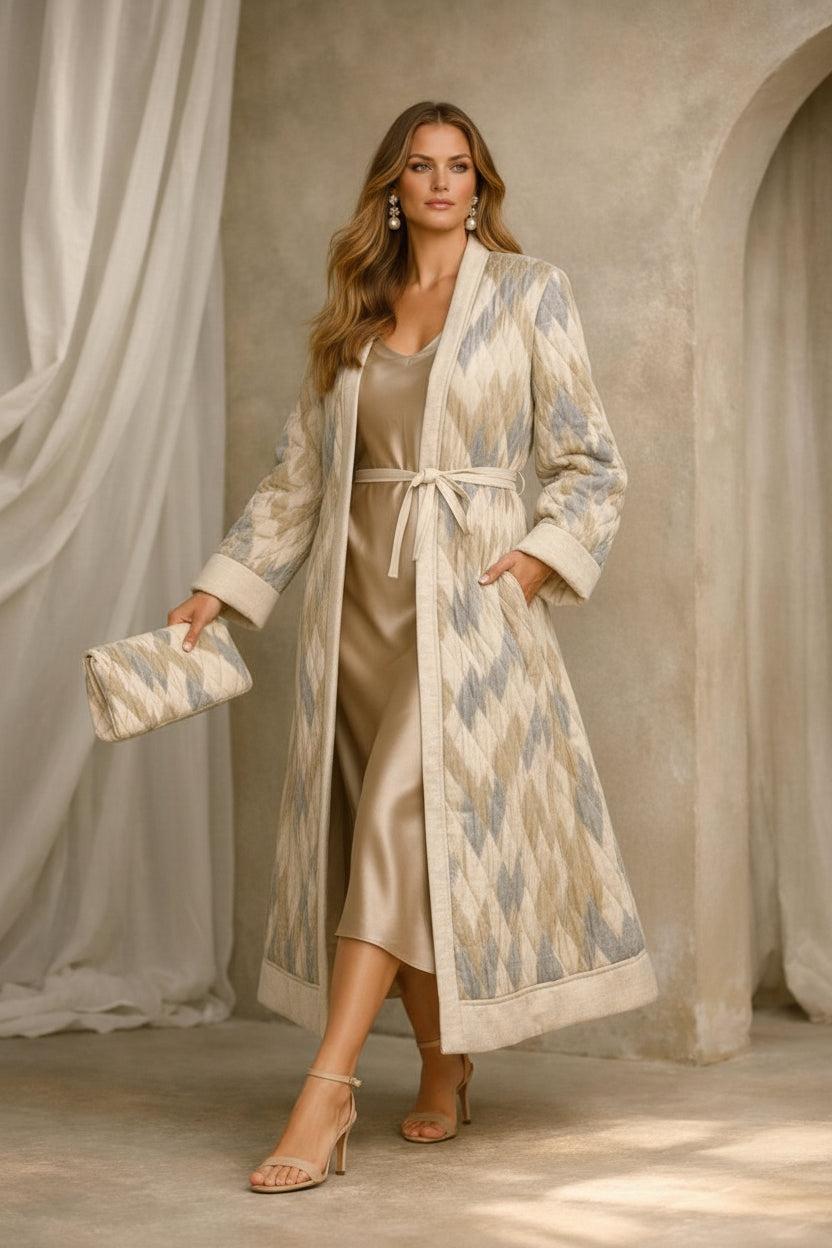 matching clutch bag and wearing nude high-heeled sandals in a rustic, 