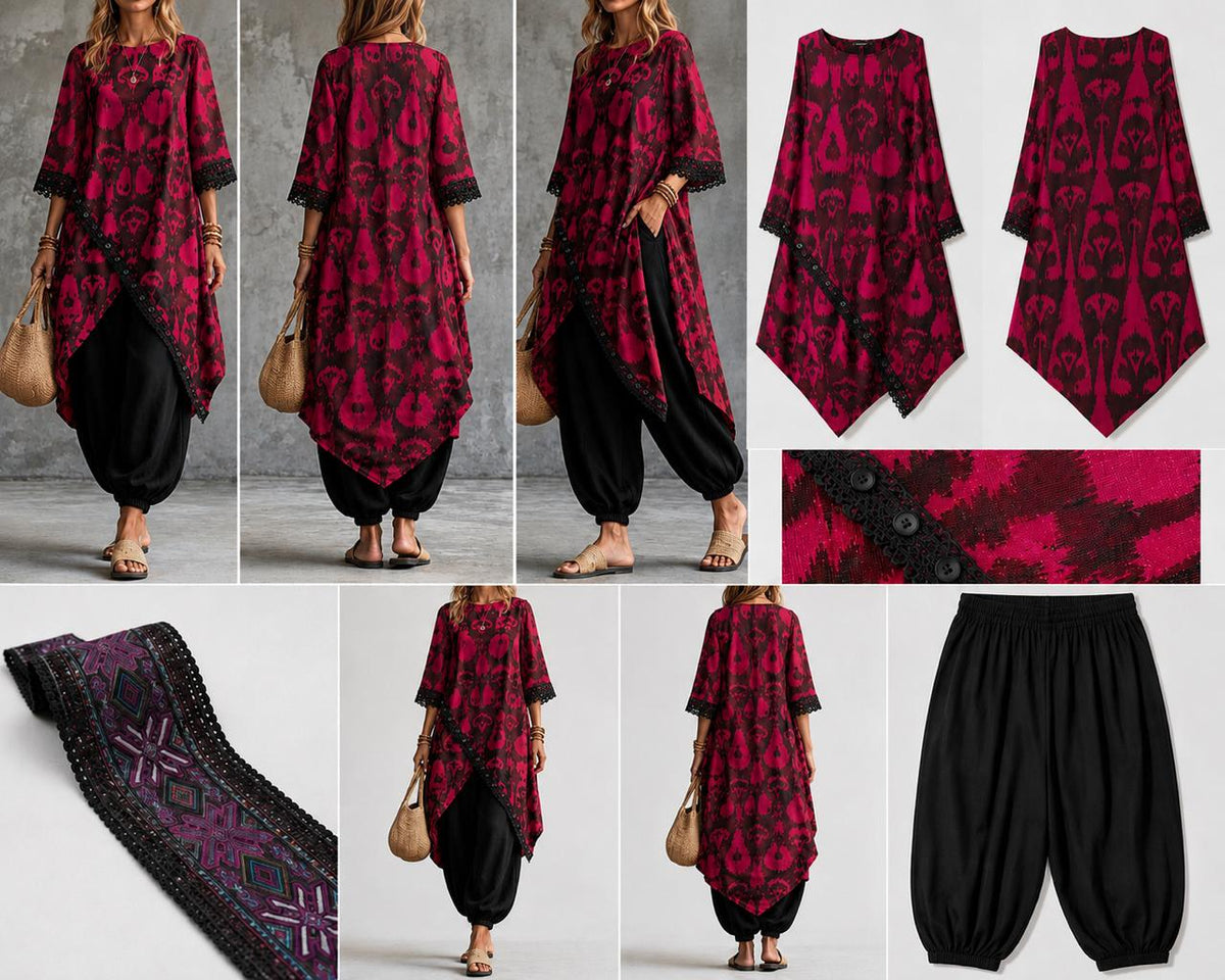 Ikat Asymmetric Tunic & Black Harem Trouser Set