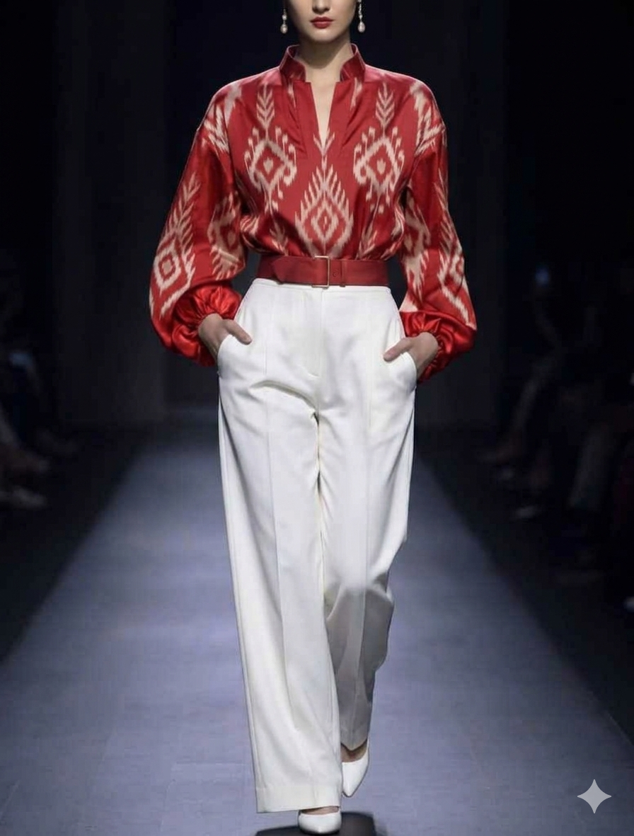 Scarlet Ikat High‑Collar Look