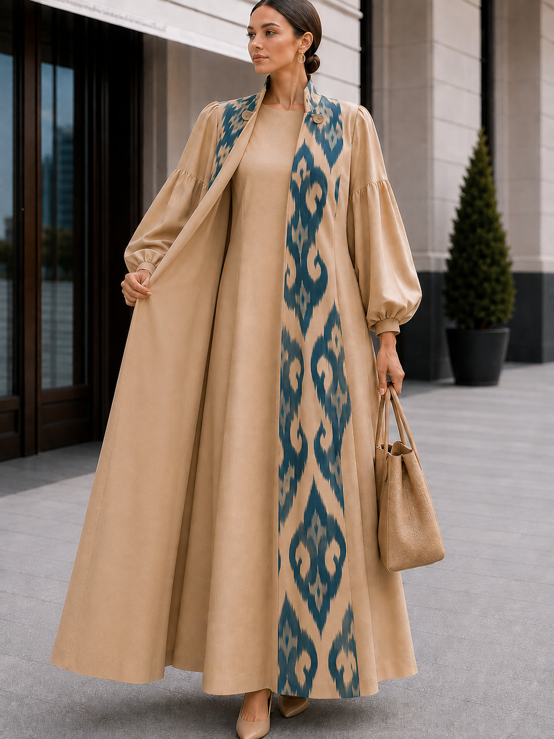 Beige Couture Dress with Blue Ikat Panel