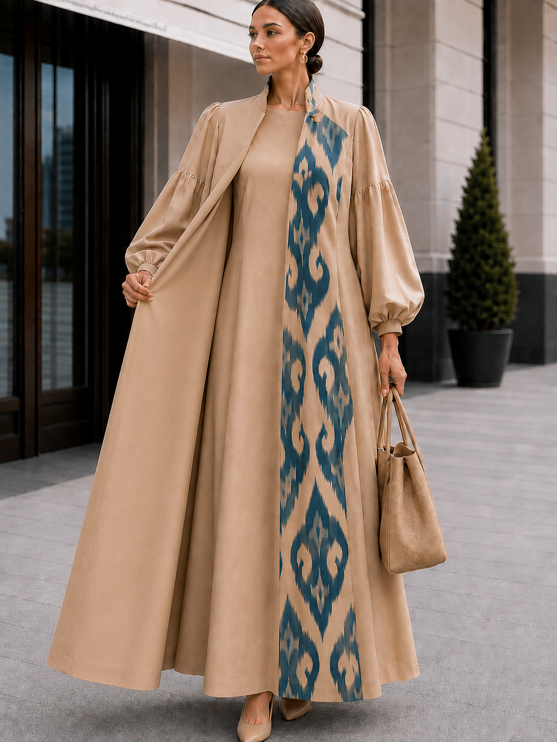 Beige Couture Dress with Blue Ikat Panel