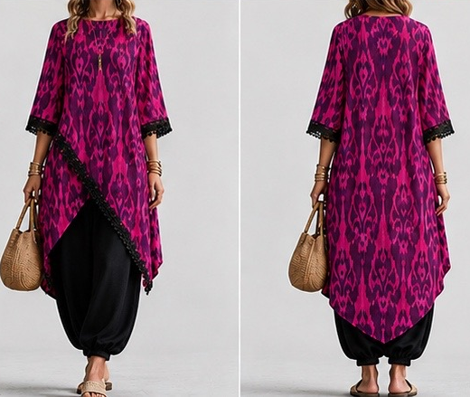Ikat Asymmetric Tunic & Black Harem Trouser Set